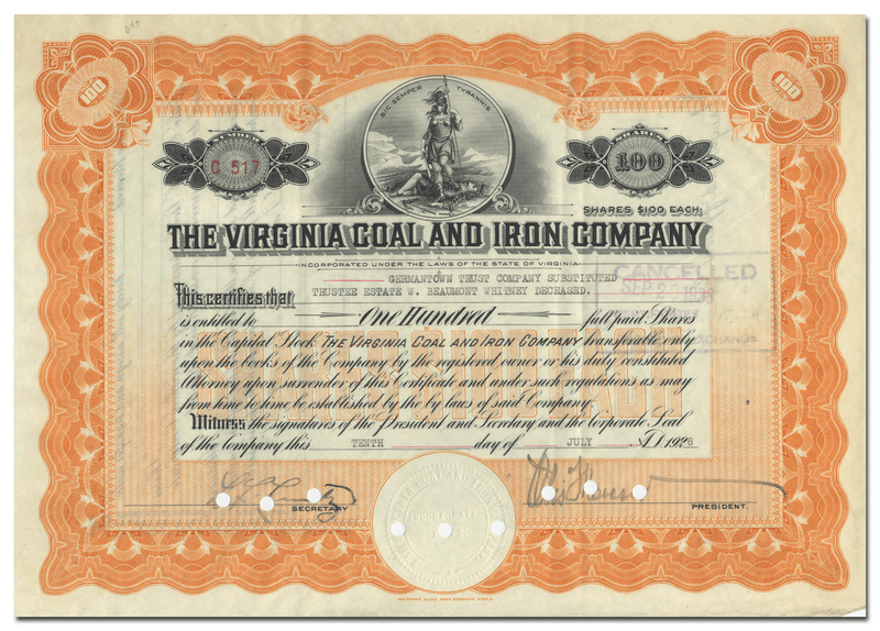 Virginia Coal and Iron Company Stock Certificate
