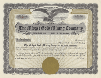 Midget Gold Mining Company Stock Certificate