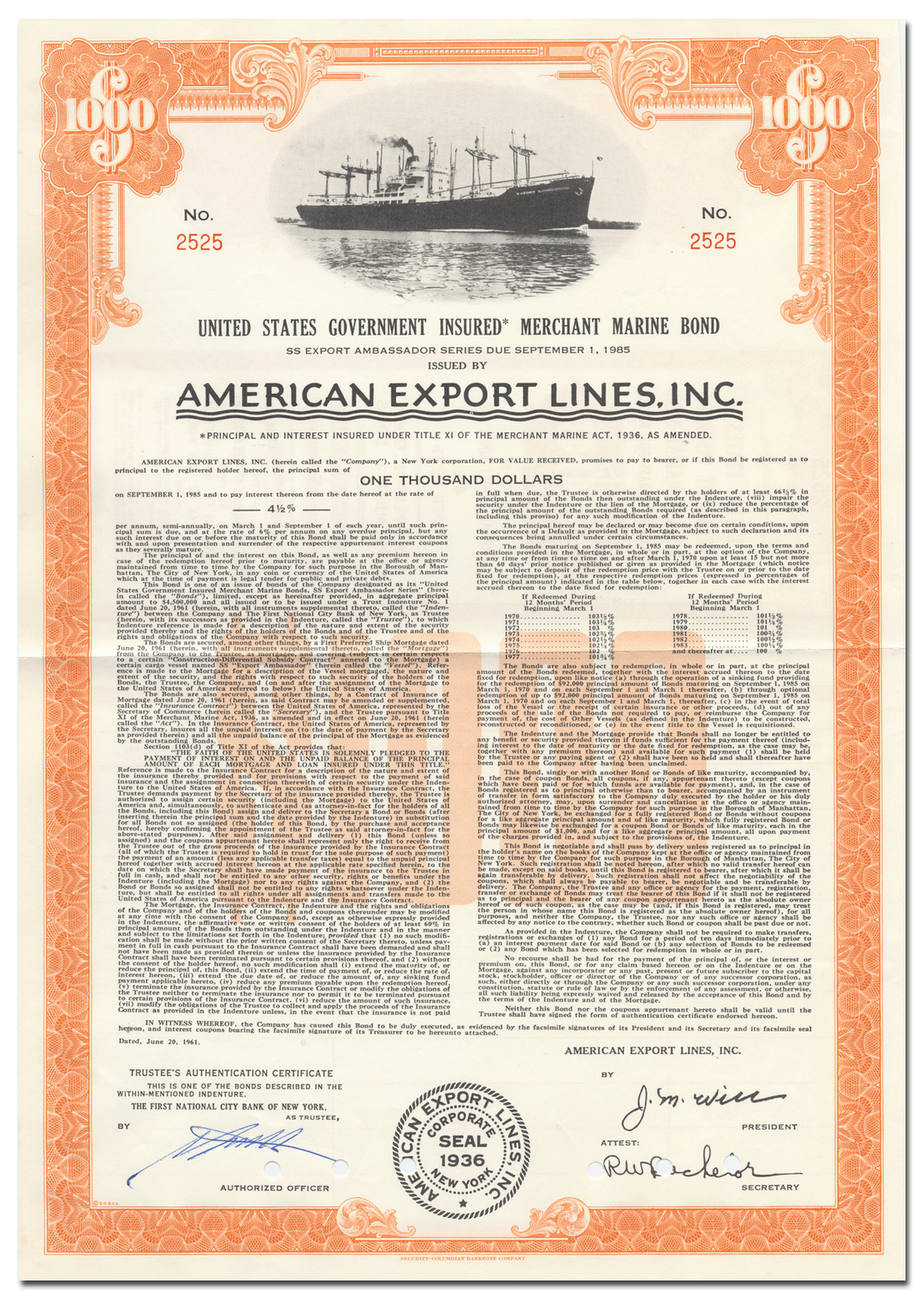 American Export Lines, Inc. Bond Certificate