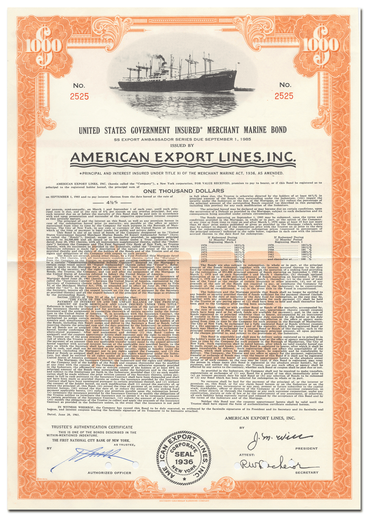 American Export Lines, Inc. Bond Certificate