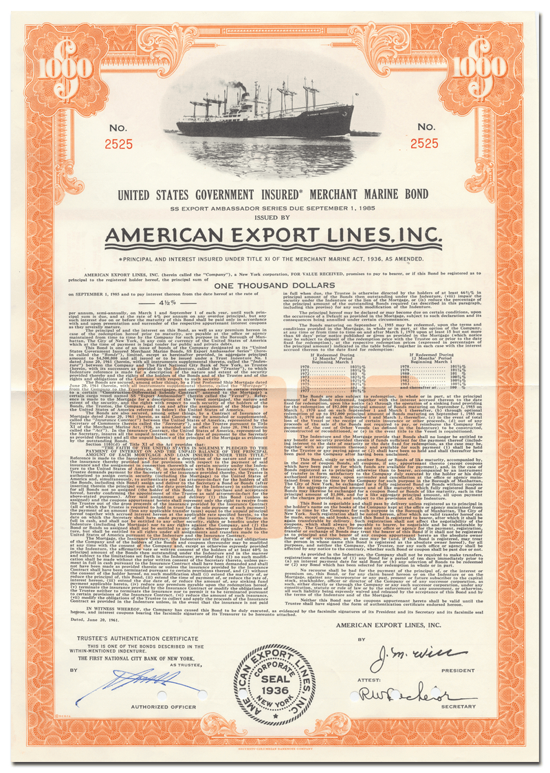 American Export Lines, Inc. Bond Certificate