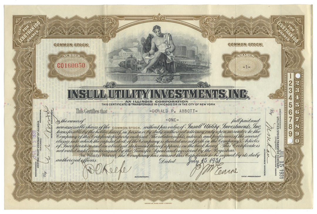 Insull Utility Investments, Inc. Stock Certificate Signed by Samuel Insull, Jr.