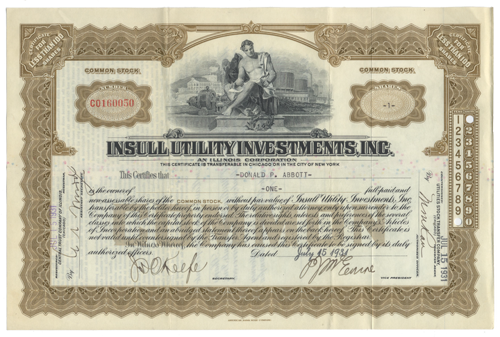 Insull Utility Investments, Inc. Stock Certificate Signed by Samuel Insull, Jr.