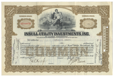Insull Utility Investments, Inc. Stock Certificate Signed by Samuel Insull, Jr.