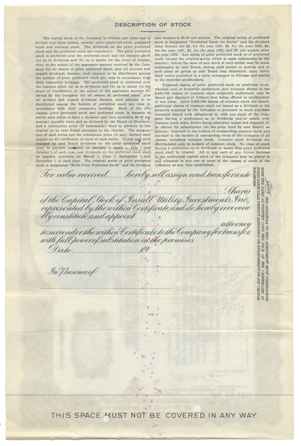 Insull Utility Investments, Inc. Stock Certificate Signed by Samuel Insull, Jr.