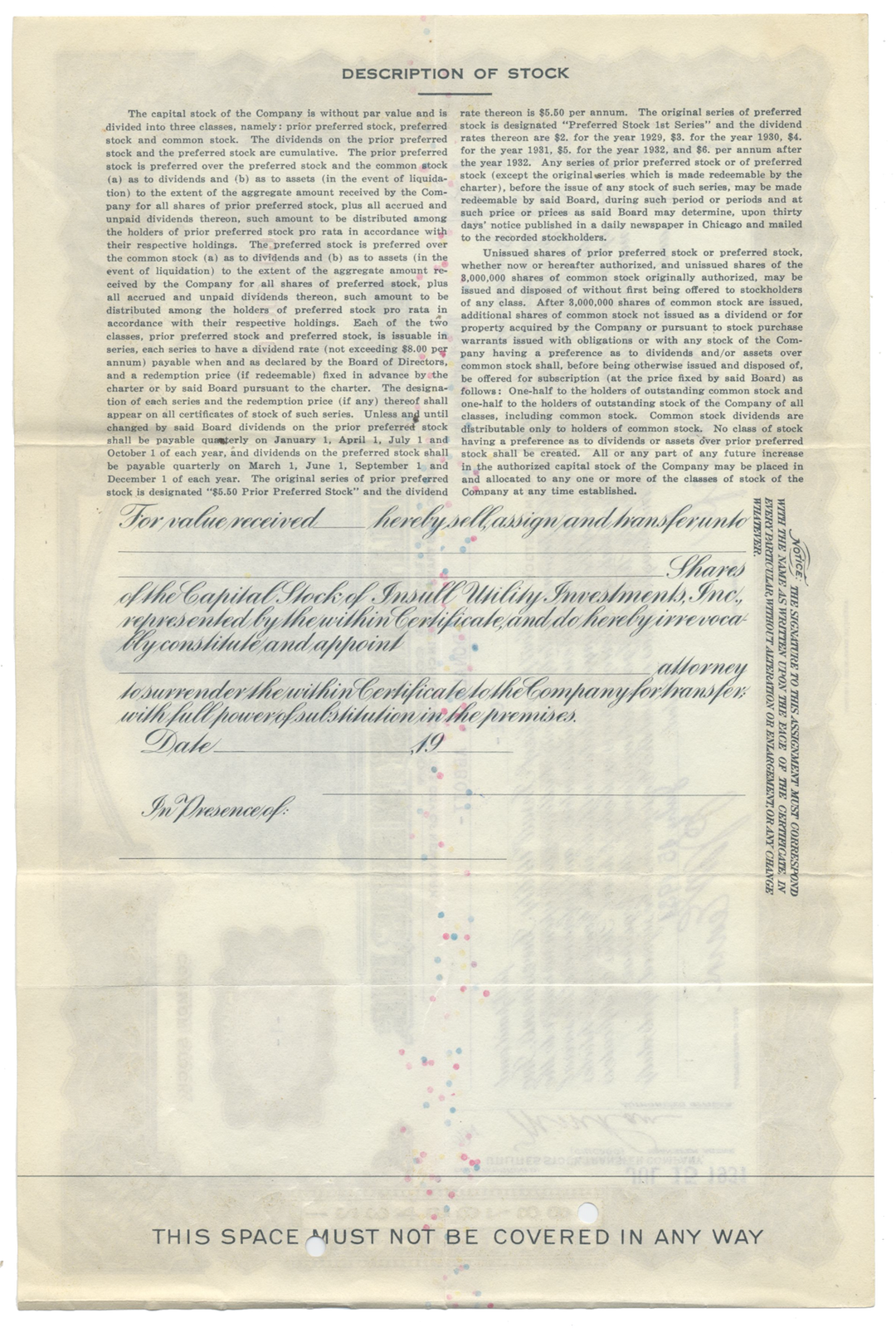 Insull Utility Investments, Inc. Stock Certificate Signed by Samuel Insull, Jr.