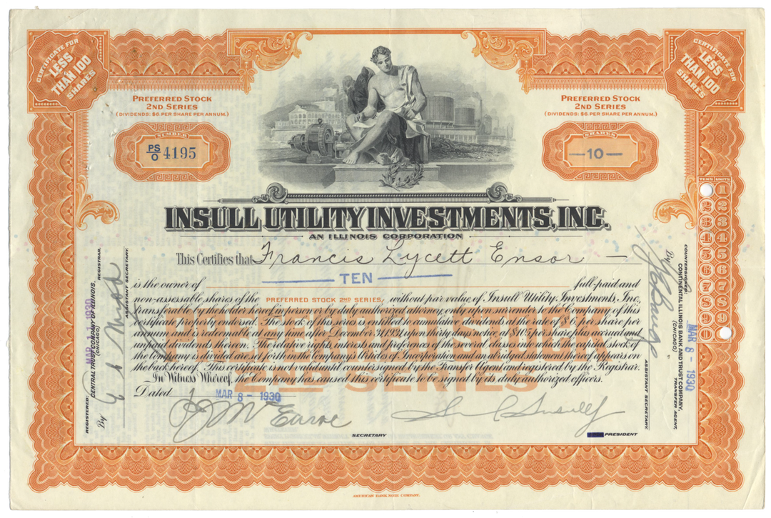 Insull Utility Investments, Inc. Stock Certificate Signed by Samuel Insull, Jr.