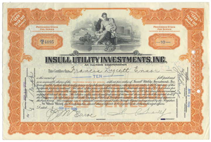 Insull Utility Investments, Inc. Stock Certificate Signed by Samuel Insull, Jr.