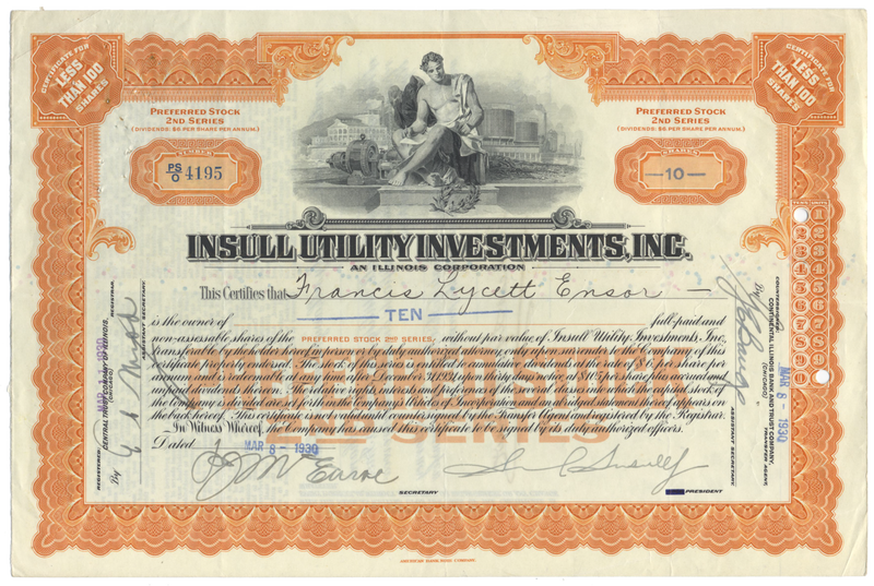 Insull Utility Investments, Inc. Stock Certificate Signed by Samuel Insull, Jr.