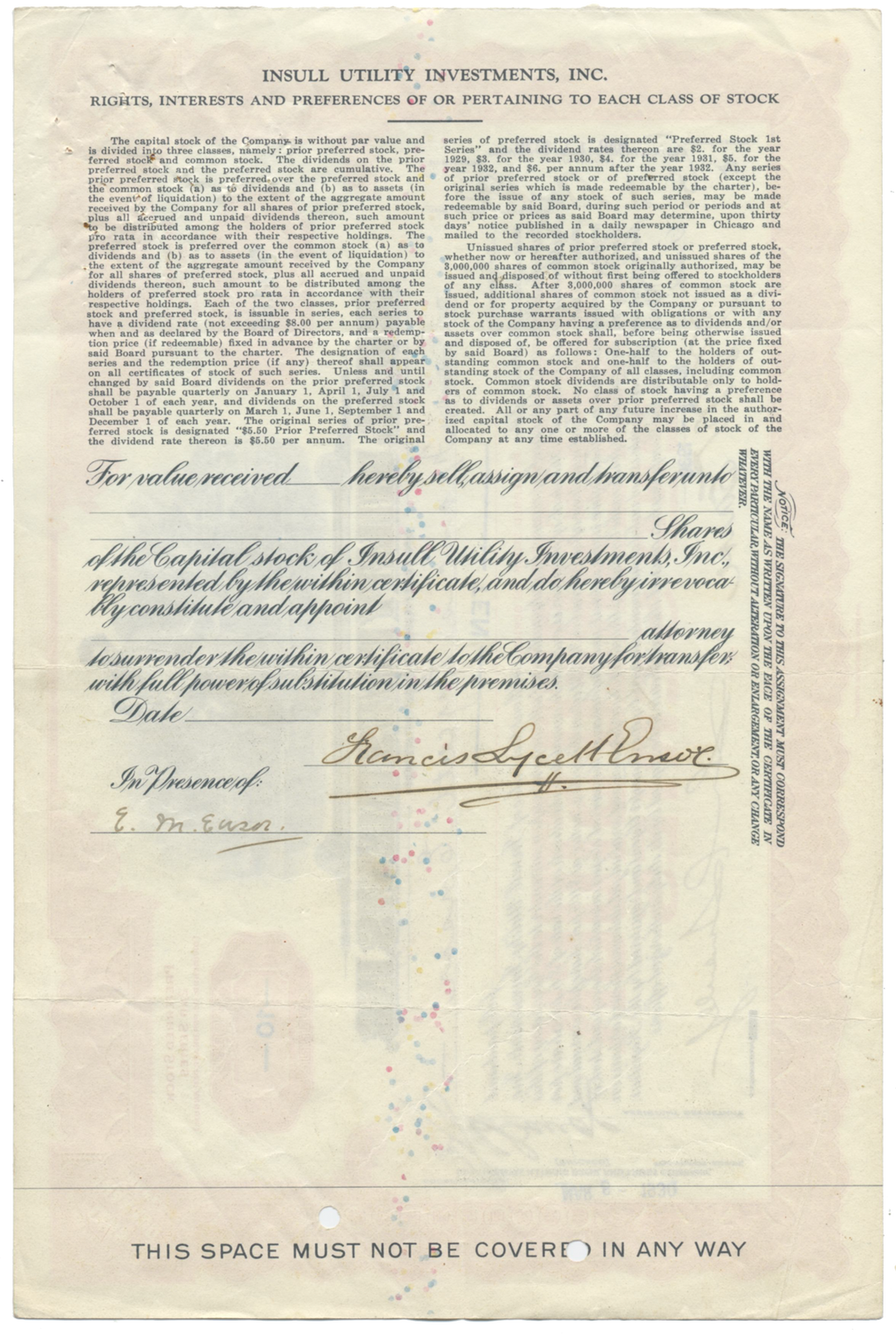 Insull Utility Investments, Inc. Stock Certificate Signed by Samuel Insull, Jr.