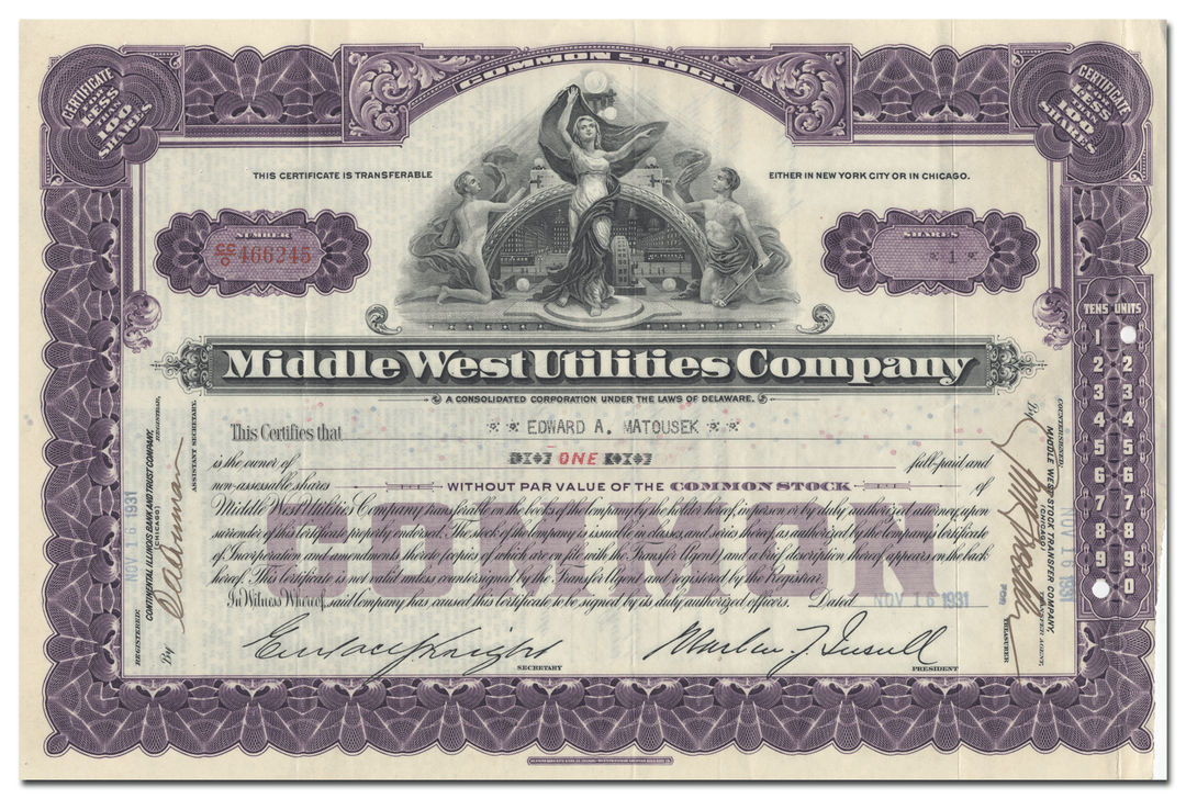 Middle West Utilities Company Stock Certificate