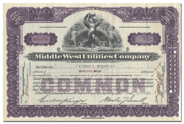 Middle West Utilities Company Stock Certificate