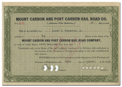Mount Carbon and Port Carbon Rail Road Company Stock Certificate