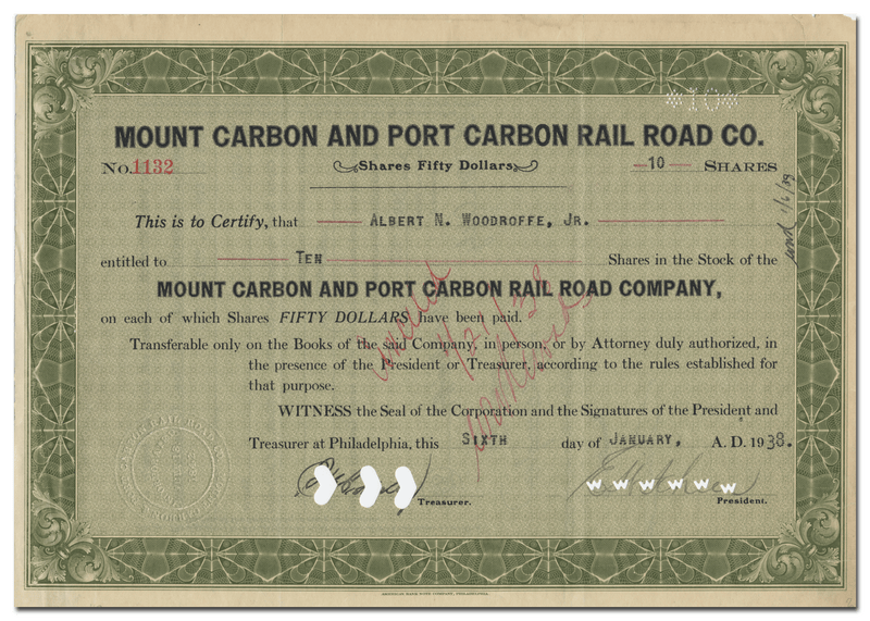 Mount Carbon and Port Carbon Rail Road Company Stock Certificate