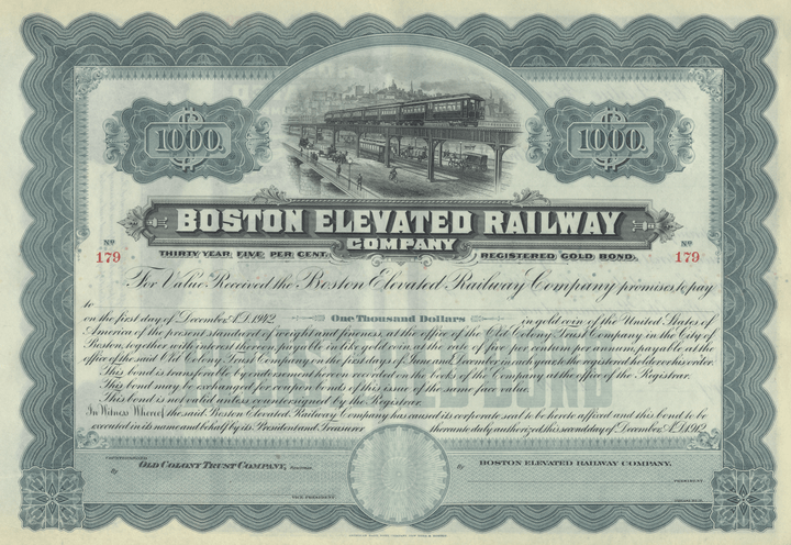 Boston Elevated Railway Company Bond Certificate