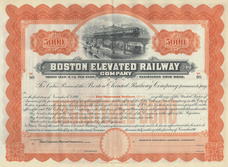 Boston Elevated Railway Company Bond Certificate