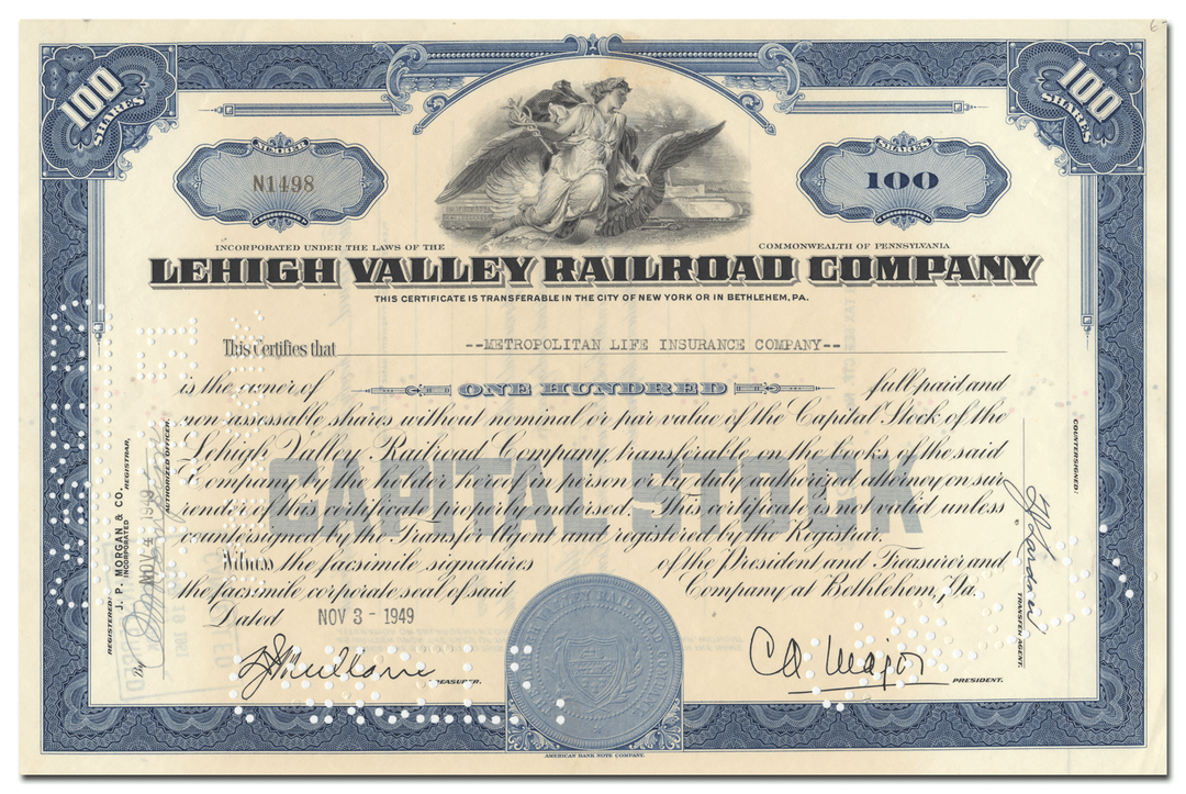 Lehigh Valley Railroad Company Stock Certificate