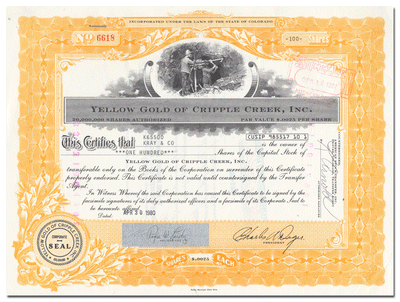 Yellow Gold of Cripple Creek, Inc. Stock Certificate