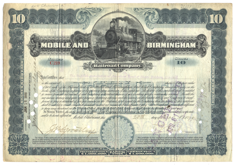 Mobile and Birmingham Railroad Company Stock Certificate