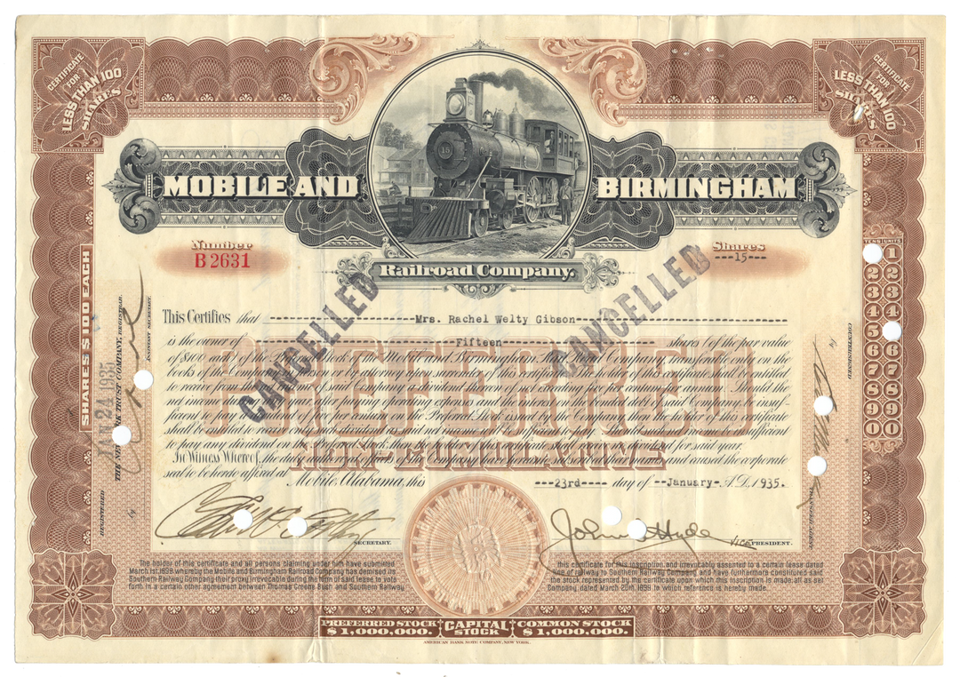 Mobile and Birmingham Railroad Company Stock Certificate