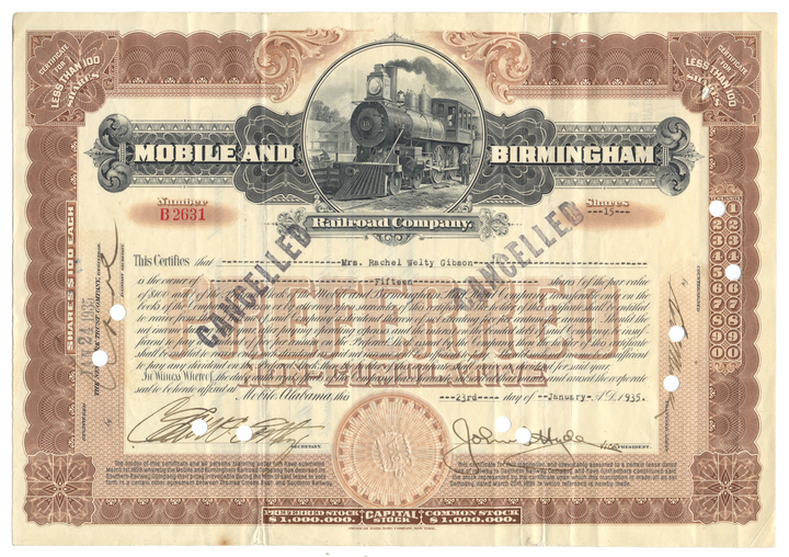 Mobile and Birmingham Railroad Company Stock Certificate