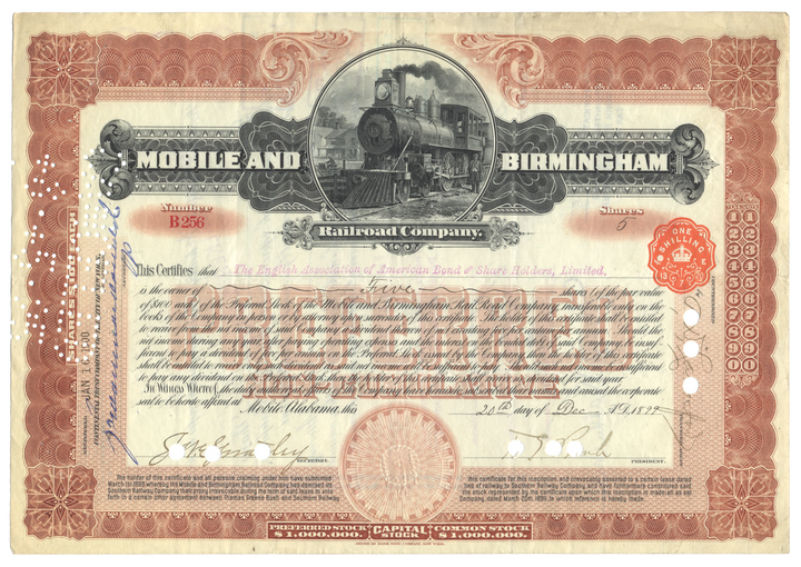 Mobile and Birmingham Railroad Company Stock Certificate