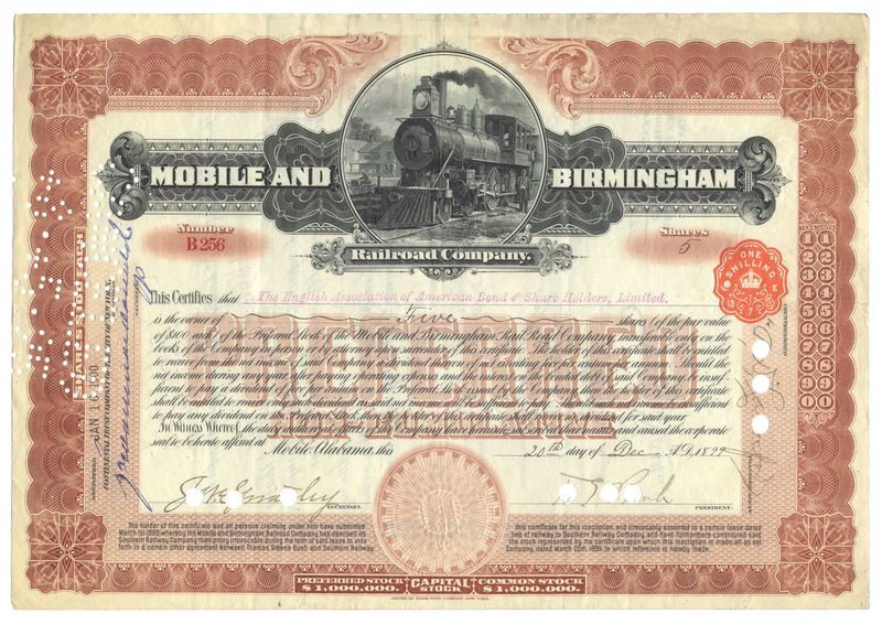 Mobile and Birmingham Railroad Company Stock Certificate