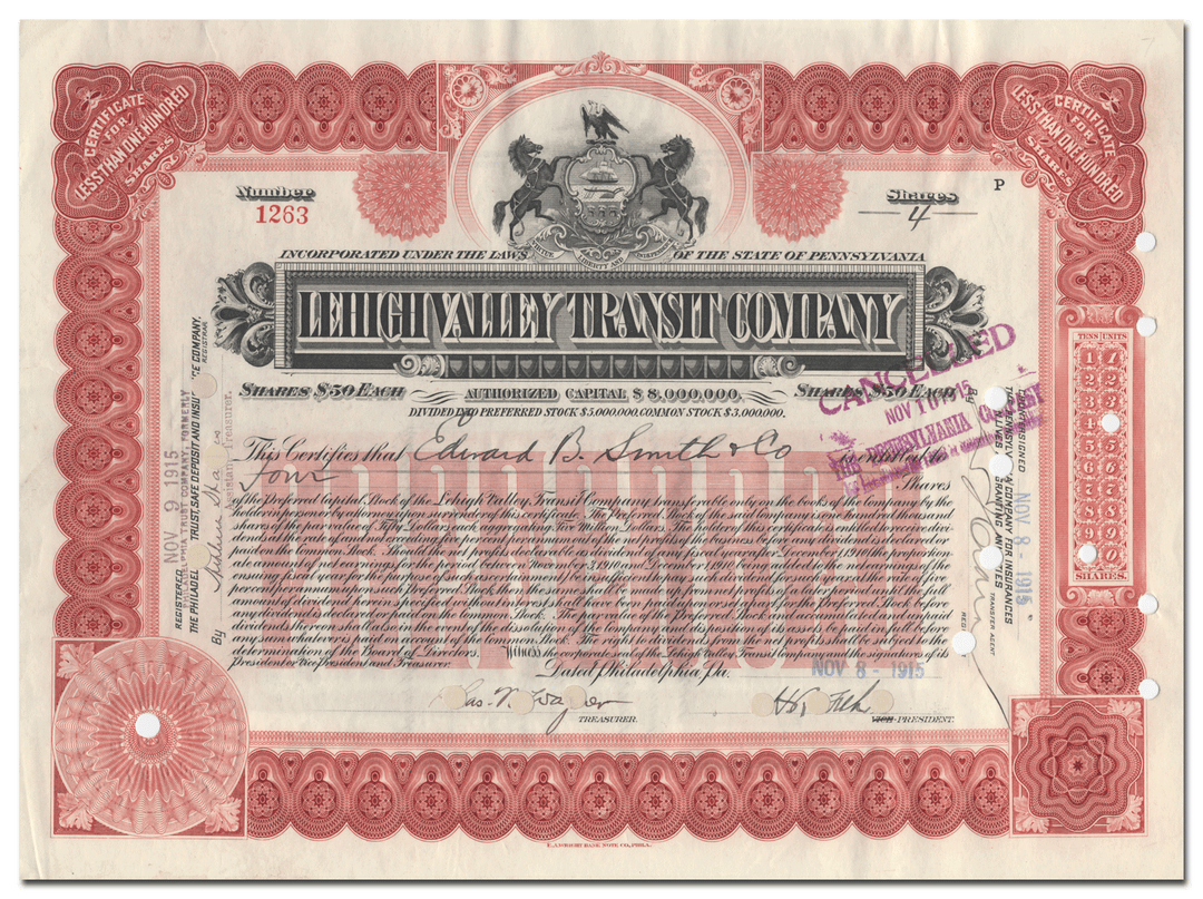 Lehigh Valley Transit Company Stock Certificate