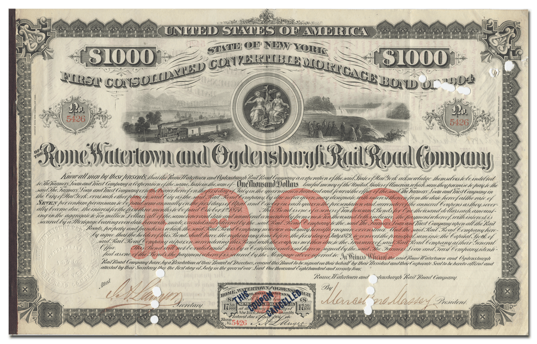 Rome, Watertown and Ogdensburgh Rail Road Company Bond Certificate