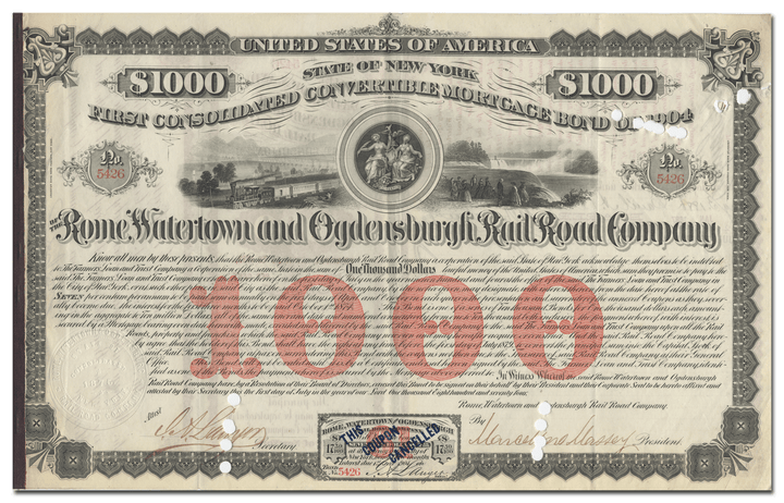 Rome, Watertown and Ogdensburgh Rail Road Company Bond Certificate