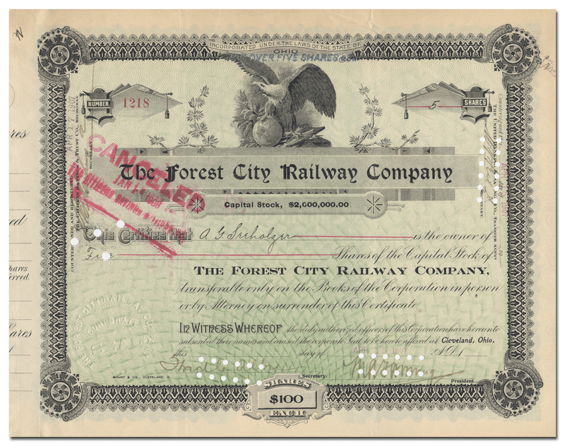 Forest City Railway Company Stocl Certificate