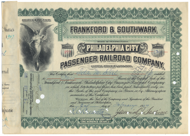 Frankford & Southwark Philadelphia City Passenger Railroad Company Stock Certificate