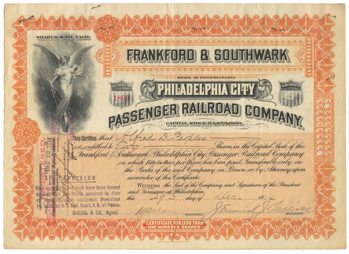 Frankford & Southwark Philadelphia City Passenger Railroad Company Stock Certificate