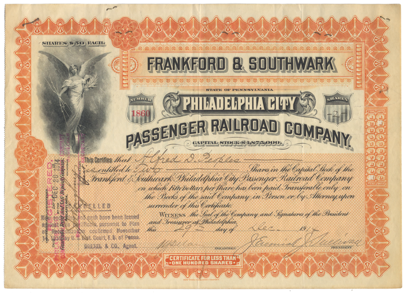 Frankford & Southwark Philadelphia City Passenger Railroad Company Stock Certificate