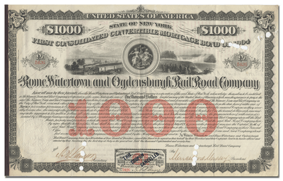 Rome, Watertown and Ogdensburgh Rail Road Company Bond Certificate