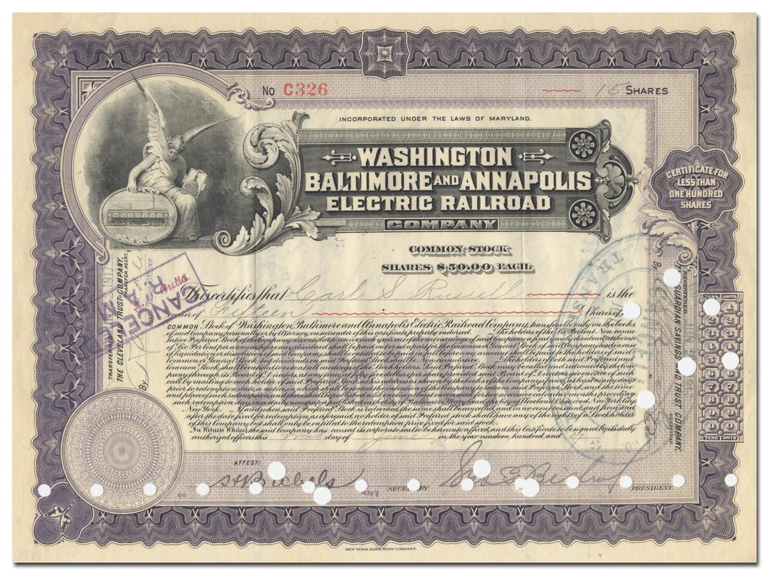 Washington, Baltimore & Annapolis Electric Railroad Company Stock Certificate Signed by George Bishop