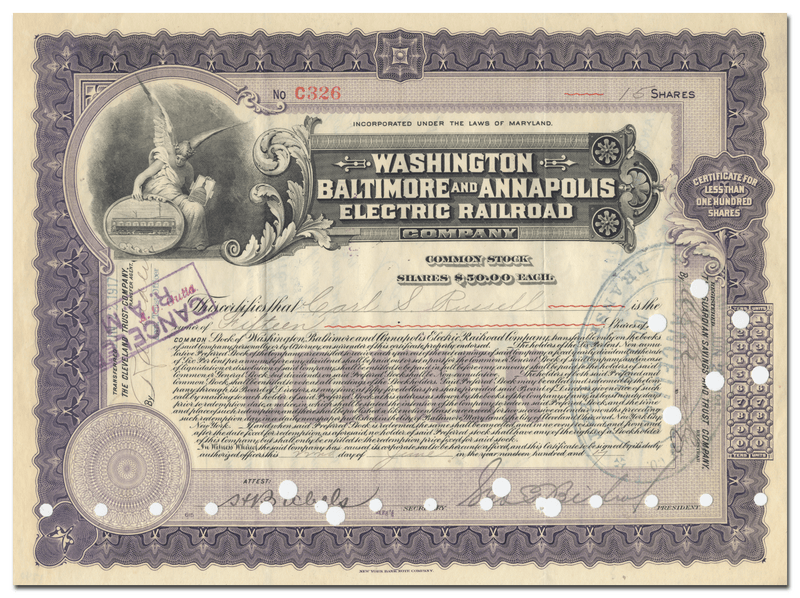 Washington, Baltimore & Annapolis Electric Railroad Company Stock Certificate Signed by George Bishop