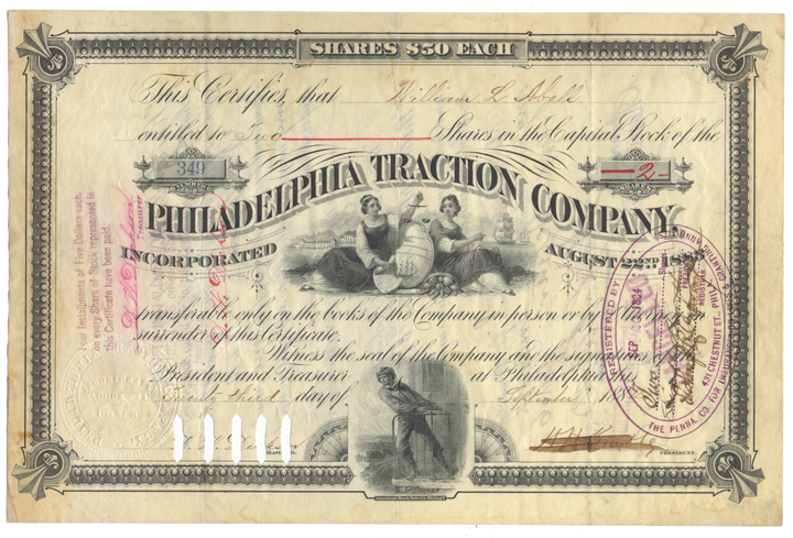 Philadelphia Traction Company Stock Certificate