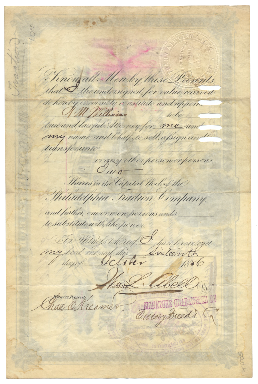 Philadelphia Traction Company Stock Certificate