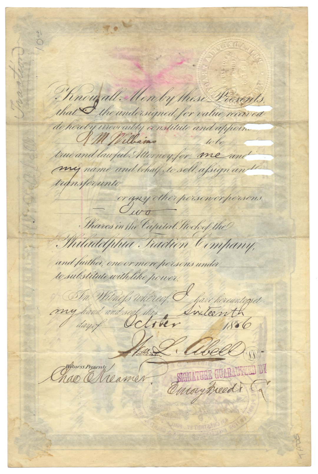 Philadelphia Traction Company Stock Certificate