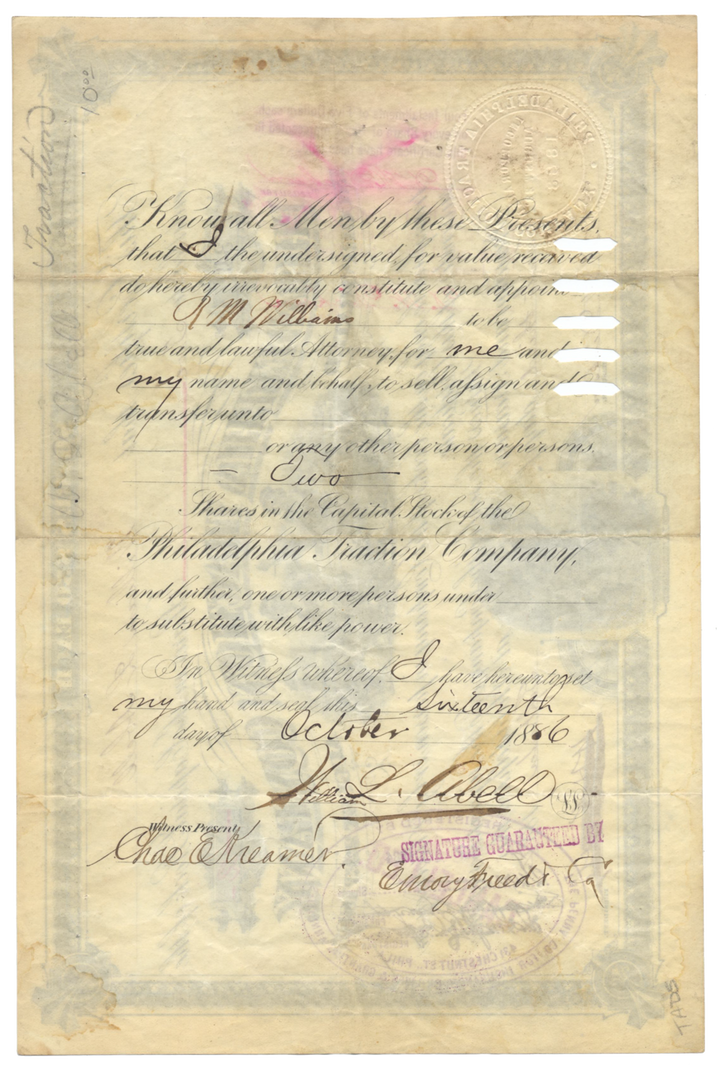 Philadelphia Traction Company Stock Certificate