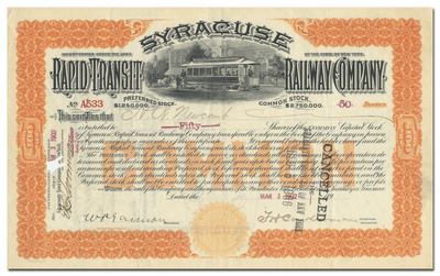 Syracuse Rapid Transit Railway Company Stock Certificate