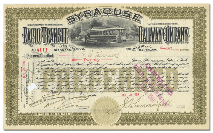 Syracuse Rapid Transit Railway Company Stock Certificate