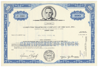 Computer Telephone Company of Chicago, Inc. Stock Certificate