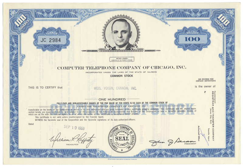 Computer Telephone Company of Chicago, Inc. Stock Certificate