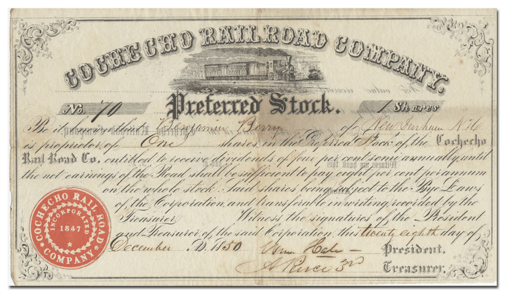 Cocheco Rail Road Company Stock Certificate