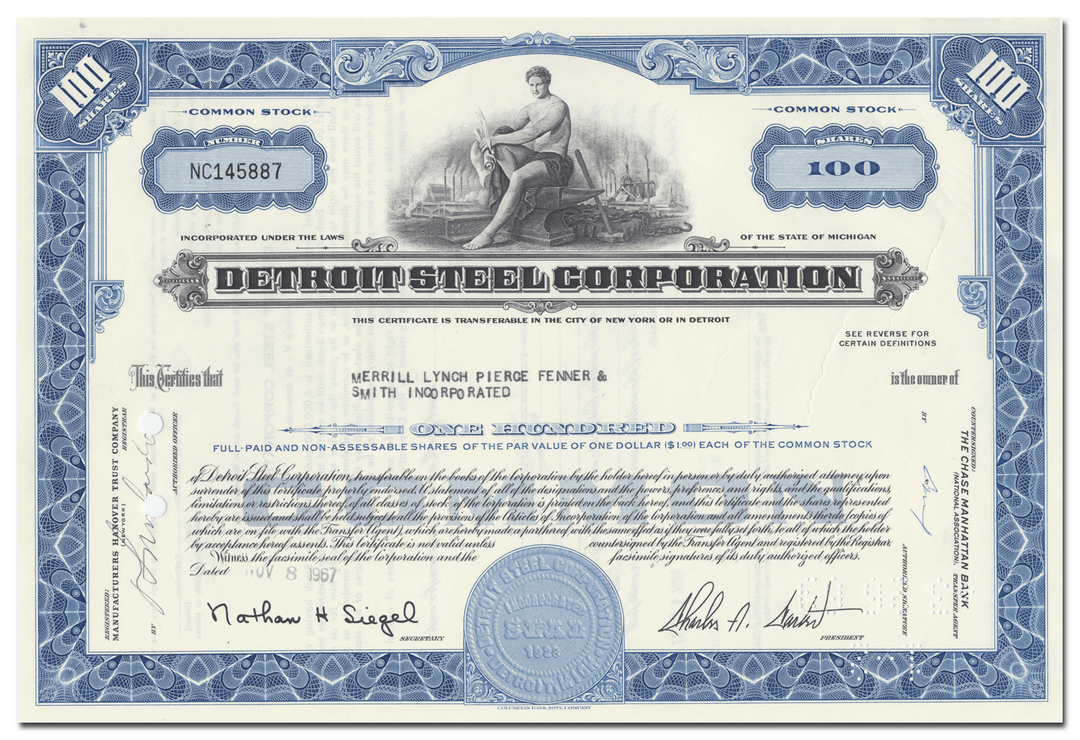 Detroit Steel Corporation Stock Certificate