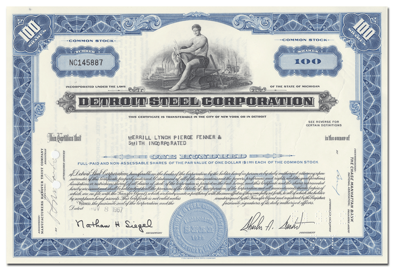 Detroit Steel Corporation Stock Certificate