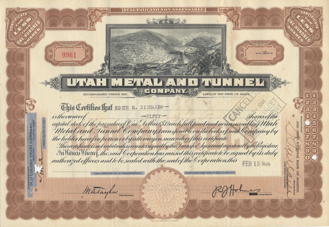 Utah Metal and Tunnel Company Stock Certificate