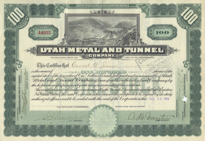 Utah Metal and Tunnel Company Stock Certificate